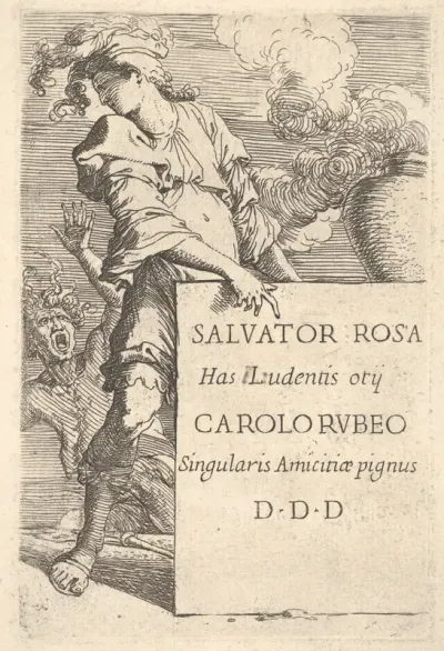 A man wearing a plumed hat pointing at an inscribed block while looking over his right shoulder at a screaming man, frontispiece for "Figurine"