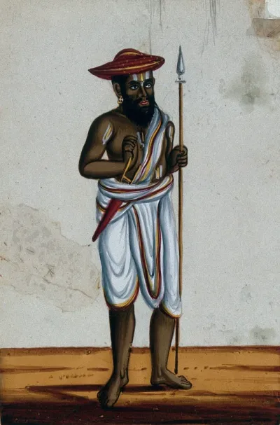A man wearing a white dress and a red cap, holding a spear