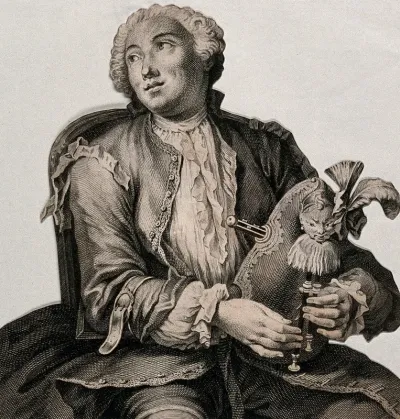 A man wearing a wig and a cravat, holding the bagpipes and looking towards a woman on his right