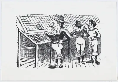A man wearing bloomers and a hat looking through merchandise