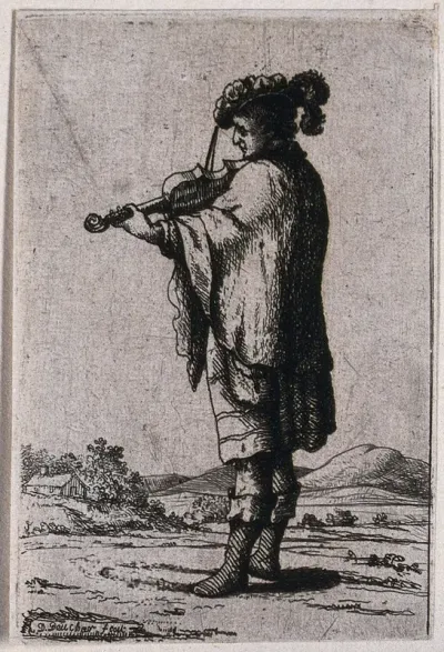 A man wearing Scottish dress playing a violin in a rolling landscape