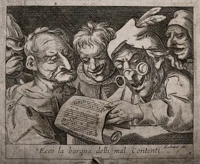 A man wearing spectacles and a feathered hat is singing from the songsheet he is holding: two men join in, while two others listen