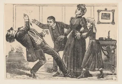 A man who has just stabbed himself falls backwards accompanied by three people