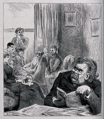 A man who is trying to read being disturbed by a family in conversation