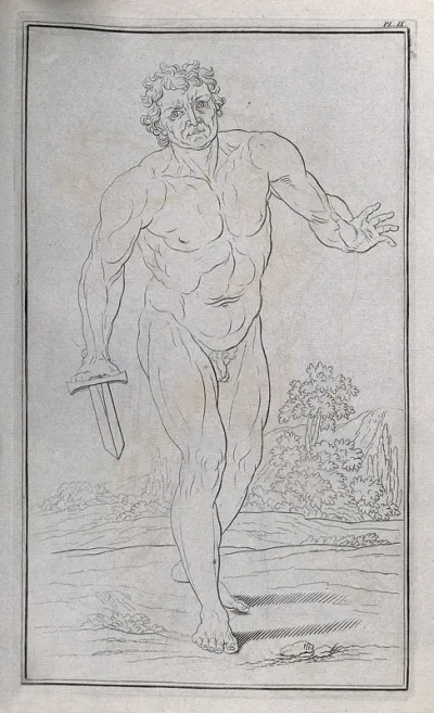 A man with a dagger or foreshortened sword