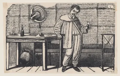 A man with a glass in his hand looking downwards and leaning on a table, an illustration from 'El huérfano'