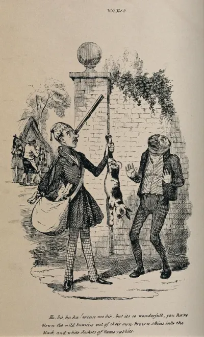 A man with a gun and a bag on his shoulder is holding a black and white rabbit up by its hind legs and showing it to another man in the street, who tells him he is shooting pet rabbits instead of wild ones