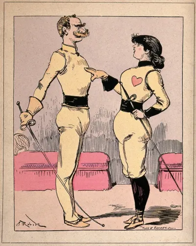 A man with a large moustache and a woman with a large heart on her costume, both in fencing dress and carrying swords