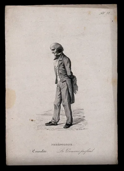 A man with a large, protruding head walking with a heavy gait; illustrating the reflective faculty in phrenology