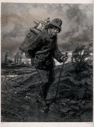 A man with a magic lantern (slide projector) on his back is walking along a country path