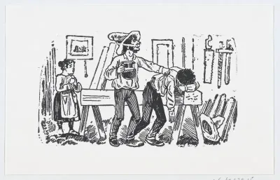 A man with a pitcher in his hand tapping the shoulder of another man resting on wooden beam