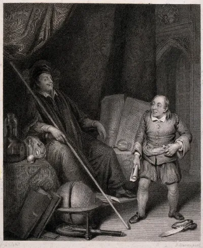 A man with a rolled sheet of paper in his hand is talking to another man in a gown and a hat who is sitting in a large chair