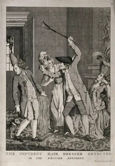 A man with a shovel attempting to hit a hair-dresser (who is also being attacked by a small dog); a maid-servant tries to restrain him; an extravagantly dressed woman looks on