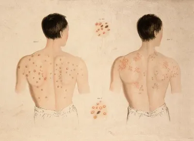 A man with a skin disease on his back, and another; and two details of skin disease