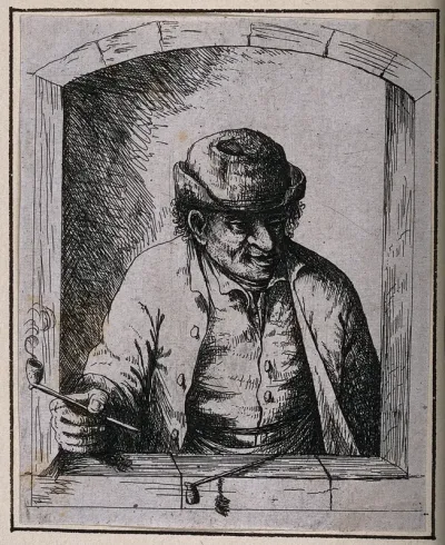 A man with a smoking pipe in hand looking out of a window