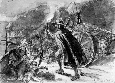A man with a torch walking alongside a cart of plague victims; a woman is holding a dead child