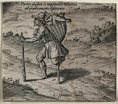 A man with a wooden leg carrying arms and legs in a basket; representing the relation between the whole and its parts in Aristotelian logic