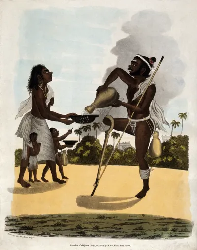A man with a wooden leg pours water into the bowl of a begging woman with two children