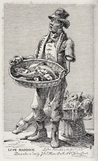 A man with an artificial arm selling live haddock from a basket he suspends from the hook on his left shoulder