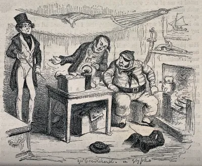 A man with an eye patch and a pipe is talking to two other men