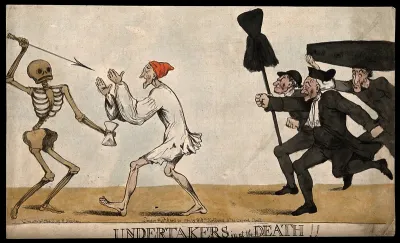 A man with closed eyes walking into a skeletal death figure, a group of anxious undertakers run after them