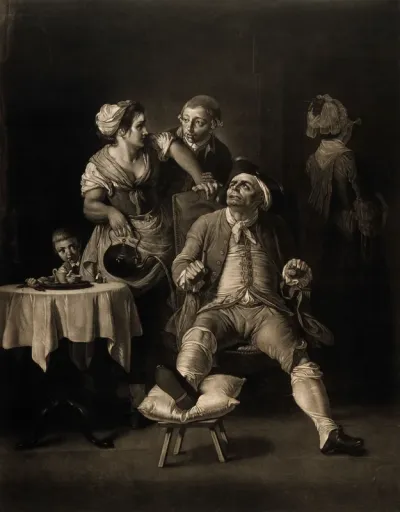 A man with his gouty leg on a stool, a maid accidently pours boiling water over him and a small boy is stealing from his wallet, perhaps further punishment for his overindulgence