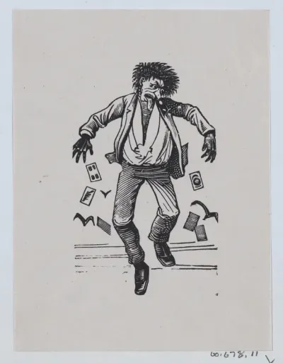 A man with his toungue out jumping in the air while cards fall out of his pockets