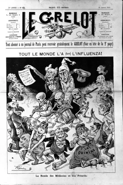 A man with influenza, taken in hand by a doctor, surrounded by dancing politicians