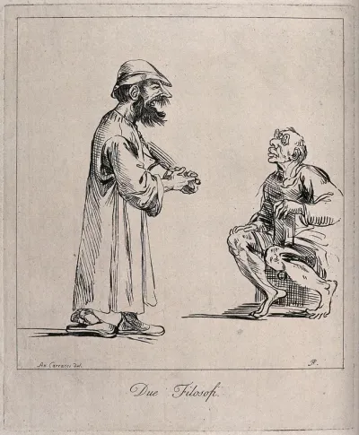 A man with large spectacles is sitting on a seat peering at a man who is approaching him
