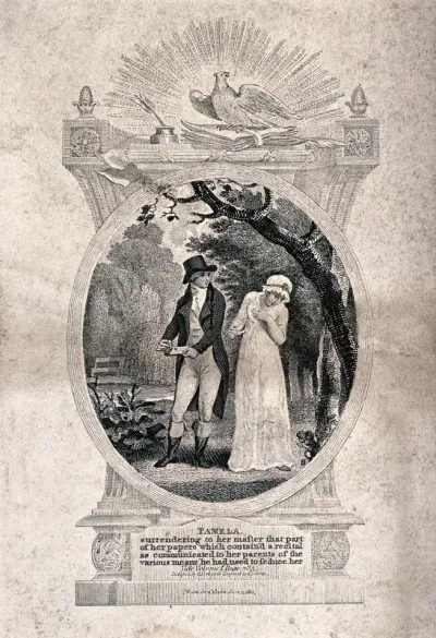 A man with papers in his hand looks questioningly at a young woman (Pamela) who turns her face away