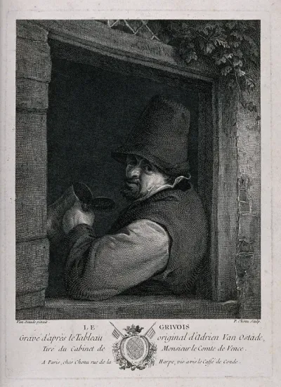 A man with tankard in hand leans by a window