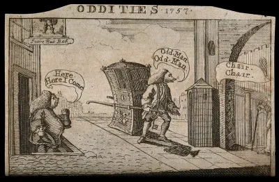 A man with the head of a fox (Henry Fox) is pulling the king's sedan chair, and calls for help from George Bubb Dodington, who is drinking in an inn