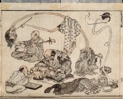 A man with three eyes is fitted with spectacles, watched by a man and woman with fantastically elongated necks, both smoking pipes; a Buddhist monk (?) playing a shamisen looks away