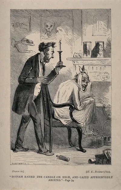 A man with toothache sits in his nightgown, with a handkerchief around his face, in a surgery [?], and is discovered by "Botsam" in fright to be turning into a devil
