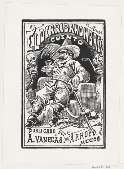 A man with weapons and a pipe in his mouth flanked by two skeletons, illustration for 'El Derribahombres'