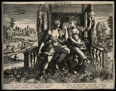 A man woos a woman in a garden; representing the sanguine temperament