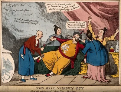 A mandarin falls back fainting onto a settee, attended by three ladies and a man all in Chinese dress; representing the King's anguish at the bill (which condemned the Queen's adultery and reduced her rights) being thrown out