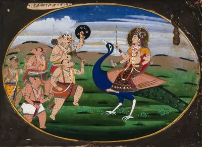 A manifestation of Devi seated on a peacock, facing a group of demons