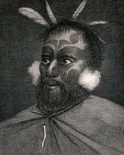 A Maori man with tattoos on his face, encountered by Captain Cook on his second voyage, 1772-1775