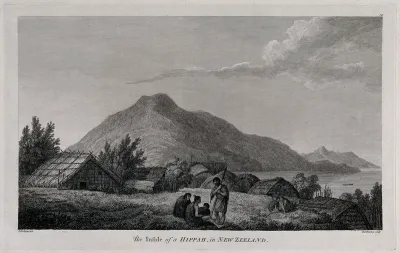 A Maori village (a hippah or pa) in New Zealand visited by Captain Cook during his third voyage, 1776-1780