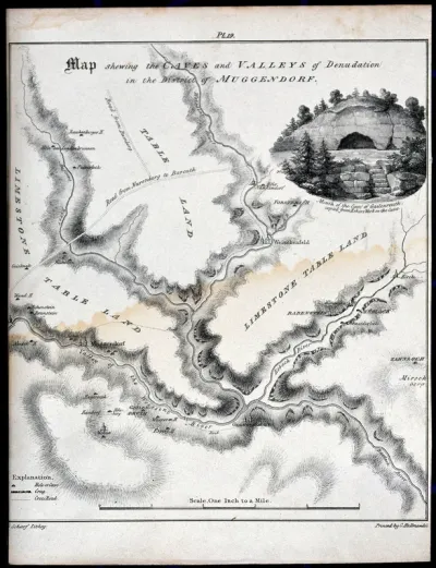 A map showing the caves and valleys of denudation in the district of Muggendorf in Bavaria, Germany
