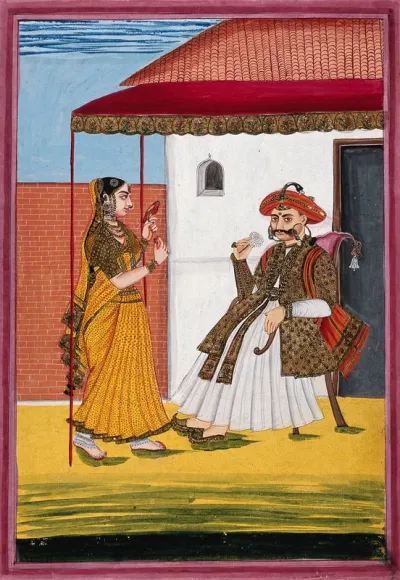 A Maratha man, richly dressed, seated under a canopy enjoying the scent of a white rose, with a woman on the left holding a brightly plumed bird