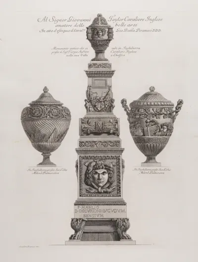 A marble vase placed on a pedestal on top of a sarcophagus; and two other vases