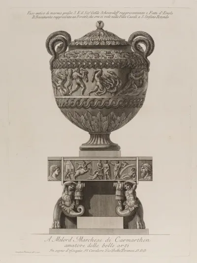A marble vase sculpted with the labours of Hercules, resting on a base in the form of a coffin
