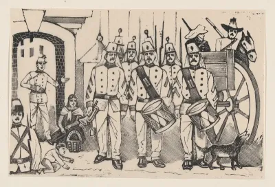 A marching band standing in a street, illustration from 'La gorra del cuartel'