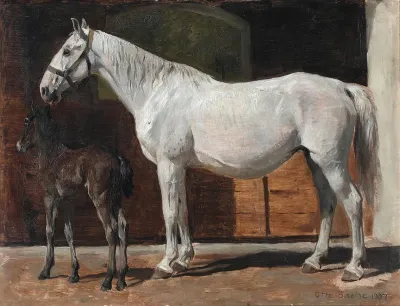 A mare and a foal in a barn.
