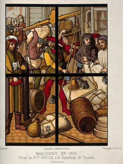 A market in which heavy barrels and sacks are weighed on scales