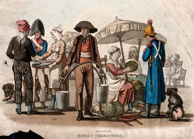 A market with a man carrying pails of milk, a woman selling vegetables to a sapeur-pompier (fireman), and a woman selling fish to a man as a soldier looks on