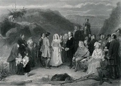 A marriage ceremony for Scottish Covenanters is performed on a mountain range by a priest with the young couple surrounded by family guests