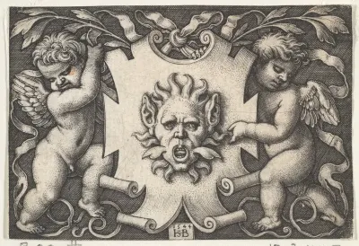 A Mask on an Escutcheon Supported by Two Genii